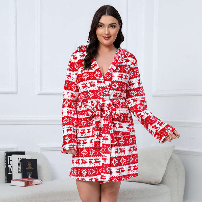 Warm Plus Size Flannel Nightgown Thickened Bathrobe Christmas Deer Morning Robe