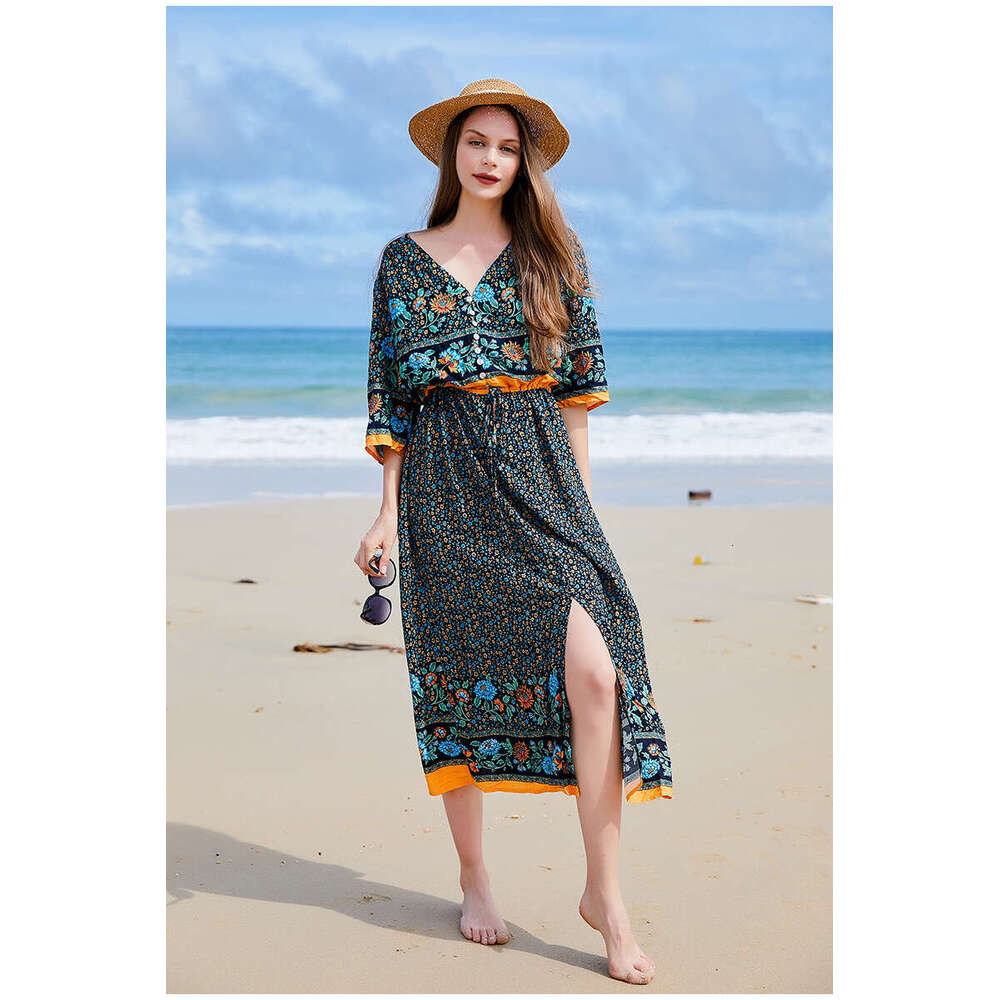 Bohemian Style V-neck Seaside Vacation Womens Large Floral Breasted Dress Slit Long Skirt at the Hem Waist Bifurcated BOHO DRESS Oversize Dress