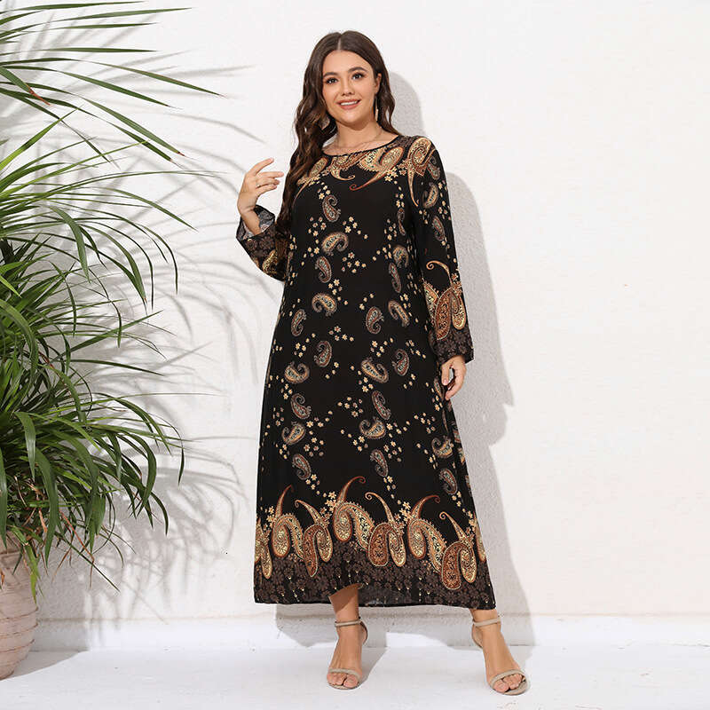 Large Size Womens New Printed Bohemian Dress Casual Sleeved Long Skirt Temperament Bifurcated Waist Self-cultivation Denim Dress