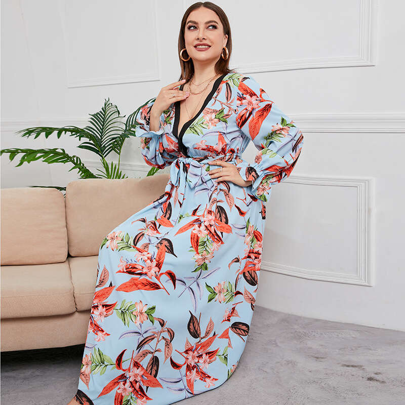 Hot Selling Spring and Autumn New Plus Size Temperament Waist Cinching Long Skirt V-neck Plant Flower Print Short Novelty Loose SKINNY DRESS Lace Dres