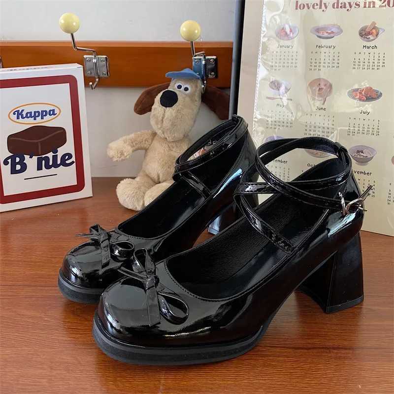 High Quality Red Mary Jane Womens Pump Thick High Heels Womens Lolita Square Toe Shoes Spring Fi Party Leather Womens Shoes New T241024