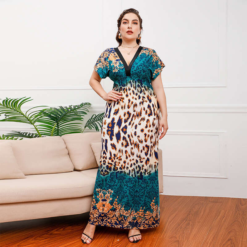 Hot Selling Summer and Autumn New Womens Leopard Print Short Sleeved Mid Length Skirt Sexy V-neck Oversized Dress Bifurcated Waist Loose Round Neck Dr