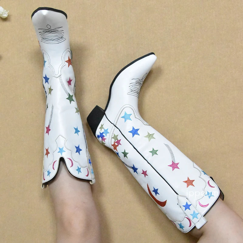 White Boots Star Western Knee High Shoes For Women Plus Size 43 Cowgirl Vintage Embroider Botte Cowboy Femme 240724
