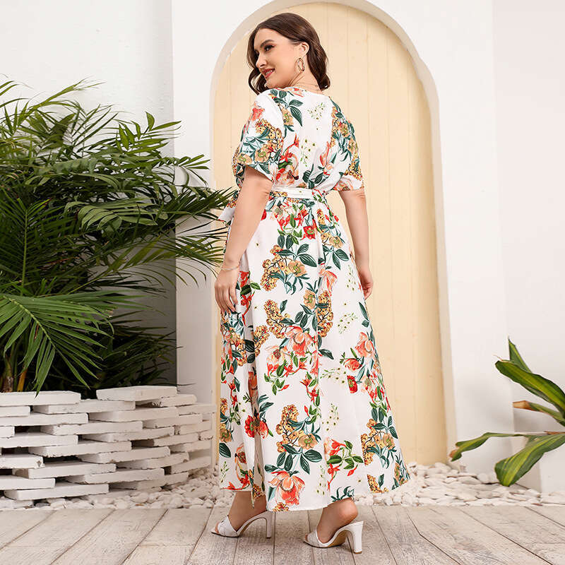 Russian American New Hot Selling Large Size Loose V-neck Dress Womens Elastic Waist Short Sleeve Printed Long Skirt Waist BOHO DRESS High Waist Dress