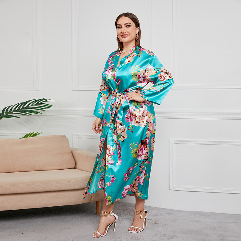 Women's oversized imitation silk red cardigan for spring and autumn seasons, home clothing, festive thin style pamas, long sleevesF727#46 d55473