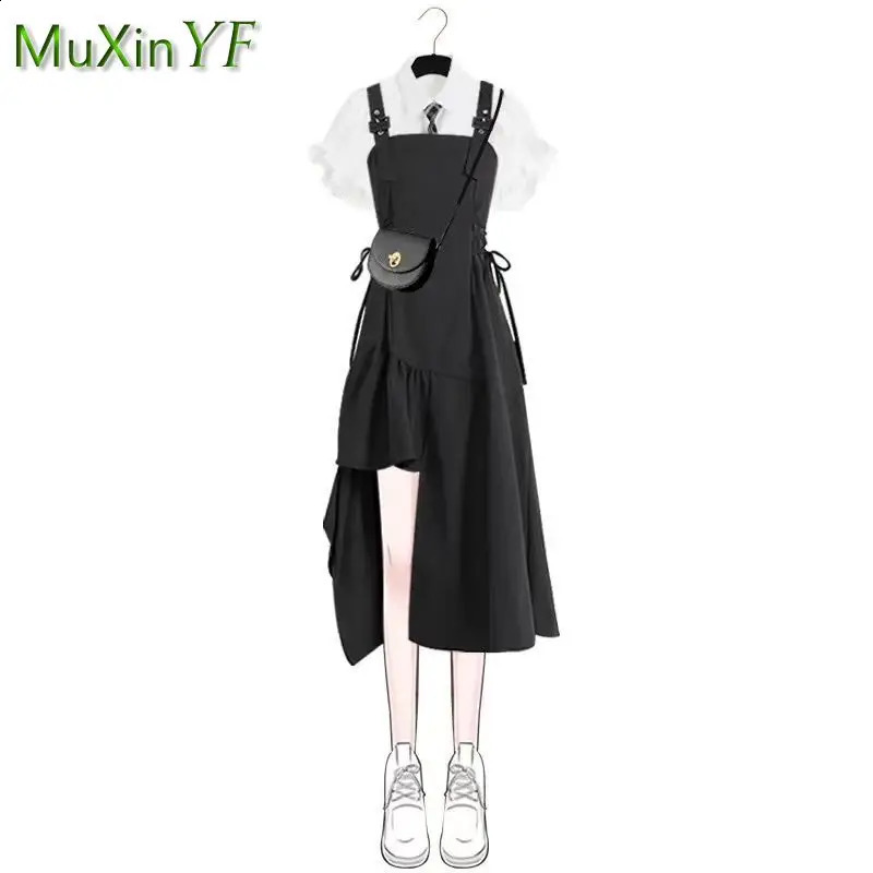 Womens Summer Dress Suit Fashion Short Sleeve Blouse Sling Skirt Two Piece Korean Elegant Girl Shirt Matching Set 240727