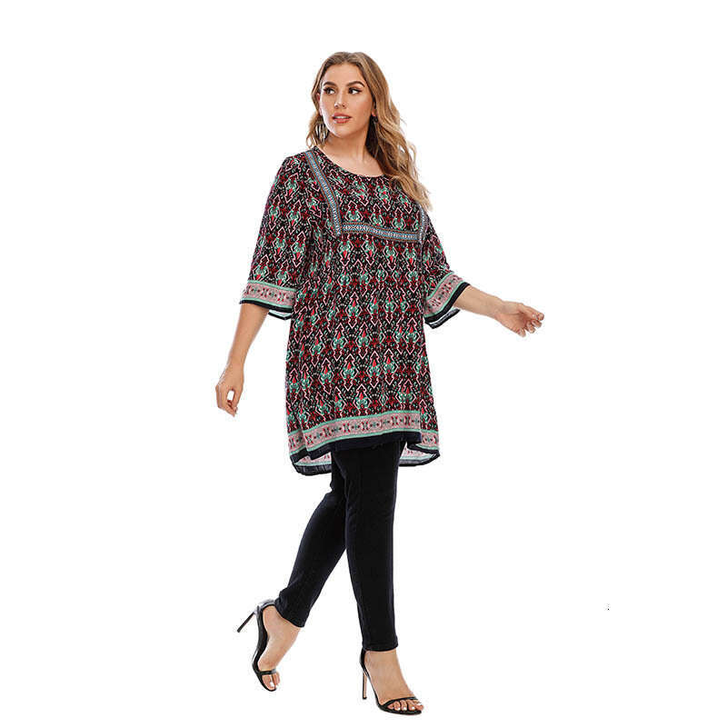 Ethnic Style Loose Oversized Top with Printed Long Pullover Round Neck Weighing 200 Pounds Can Be Worn Novelty Loose Sexy Oversize Dress Round Neck Dr