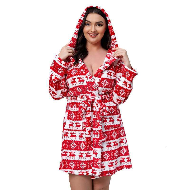 Warm Plus Size Flannel Nightgown Thickened Bathrobe Christmas Deer Morning Robe