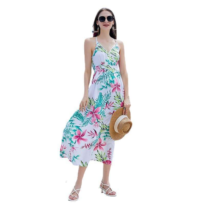 Hot Selling Brazil Fresh Backless High Waisted Long Skirt with Rural Style Print V-neck Suspender Jumpsuit Short Loose Bifurcated Silk Dress Round Nec