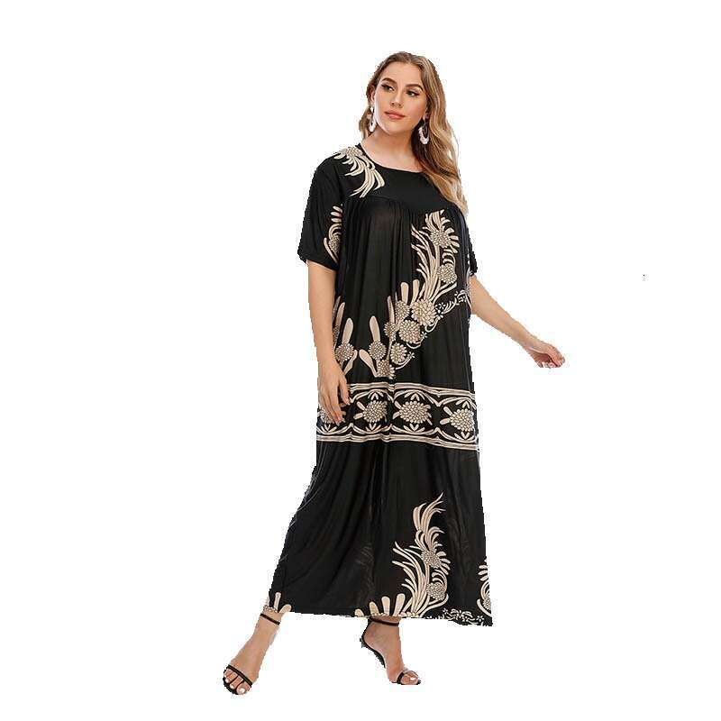 Large size womens casual dress with printed large hem home clothing weighing 250 pounds can be worn
