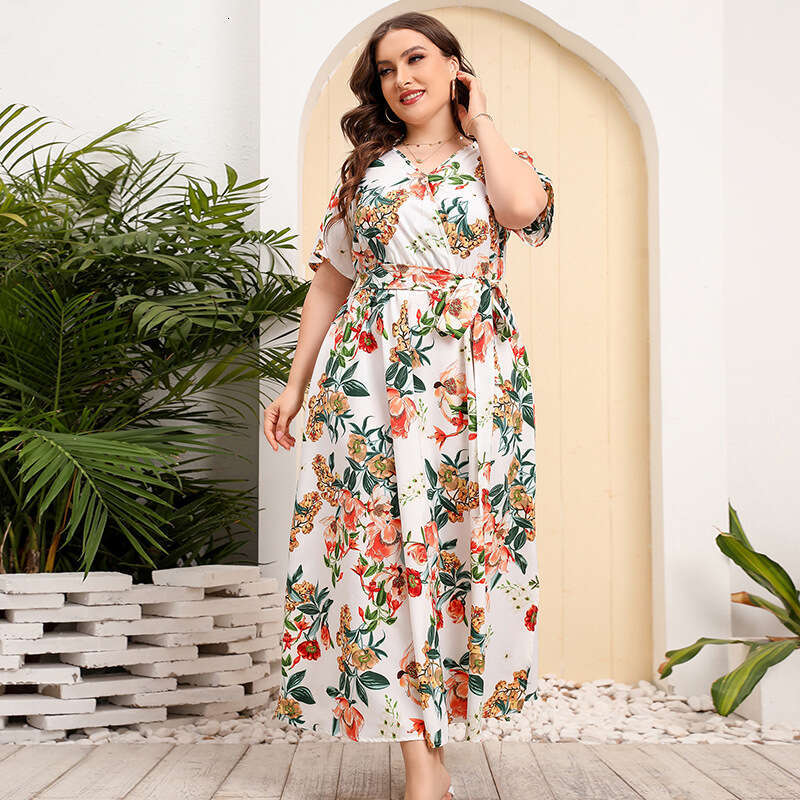 Russian American New Hot Selling Large Size Loose V-neck Dress Womens Elastic Waist Short Sleeve Printed Long Skirt Waist BOHO DRESS High Waist Dress