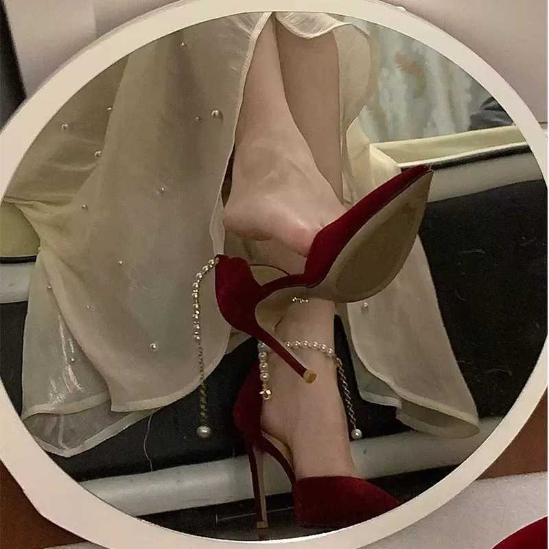 High Quality Pointed Toe Stiletto Womens Shoes Metal Buckle Shoulder Strap Sexy Womens Shoes Wedding Shoes Bridal Womens Shoes Red High Heels T241024