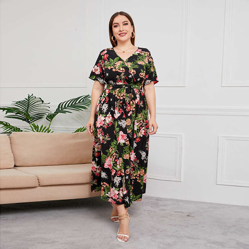 Russian American New Hot Selling Large Size Loose V-neck Dress Womens Elastic Waist Short Sleeve Printed Long Skirt Waist BOHO DRESS High Waist Dress