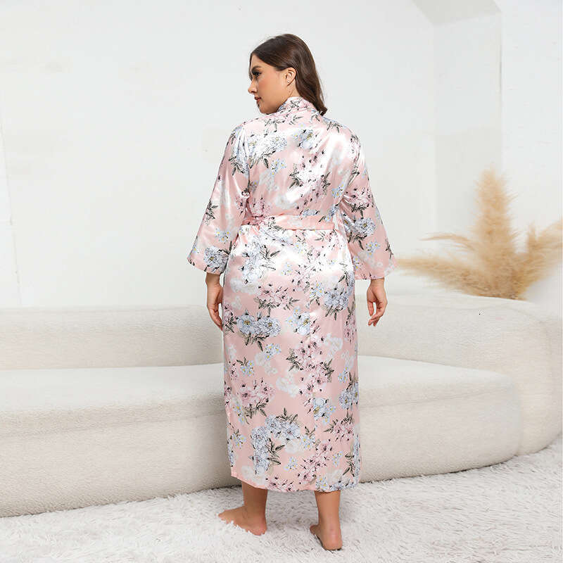 Large size imitation silk pamas for women loose fitting womens long sleeved satin bathrobe printed home clothing