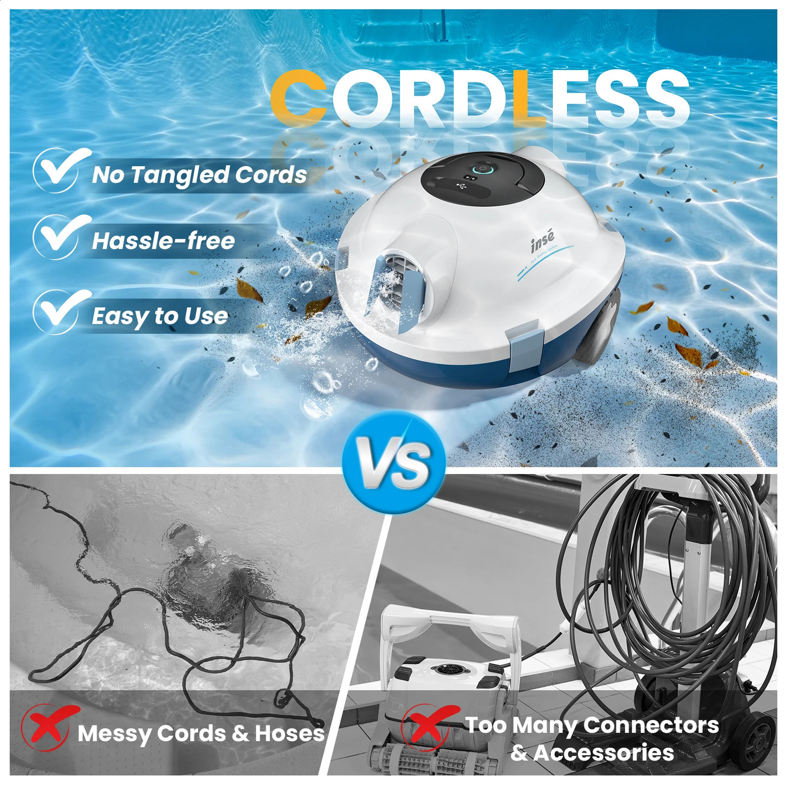 INSE Y10 Automatic Cordless Robotic Pool Cleaner90 Min RuntimeSelf-Parkingfor Flat Above/In-Ground Pool up to 65 Feet/1100 Sq 240718