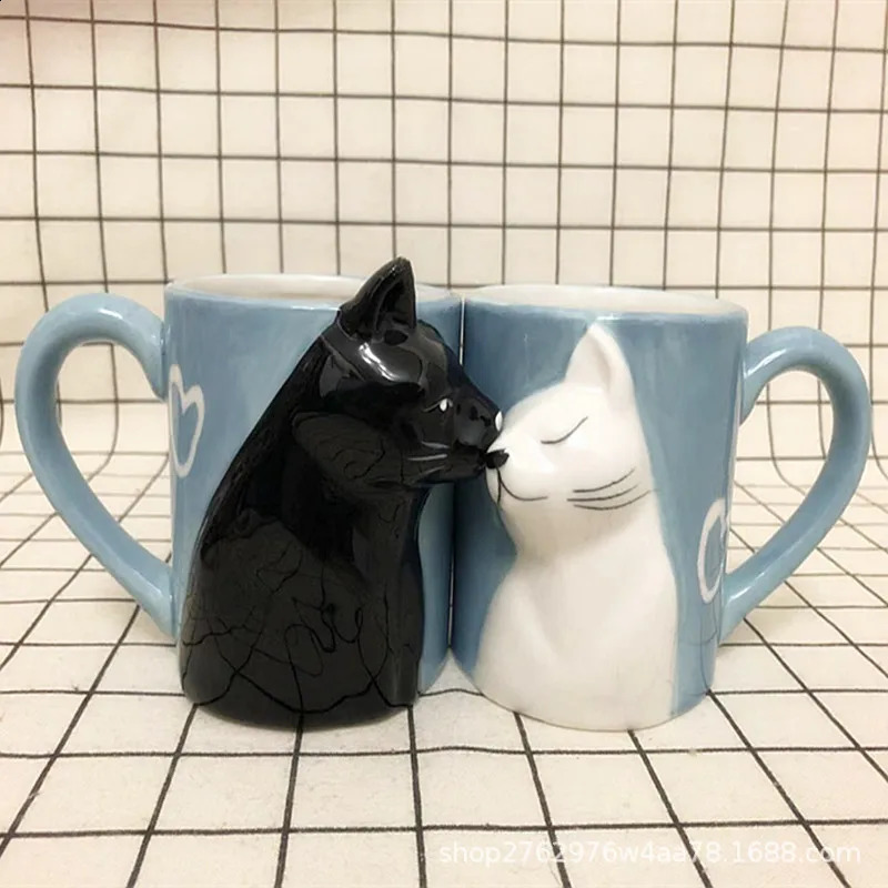 2pcs Cute Kiss Cat Cups Couple Ceramic Mugs Married Couples Anniversary Morning mug Milk Coffee Tea Breakfast Valentines Day 240712