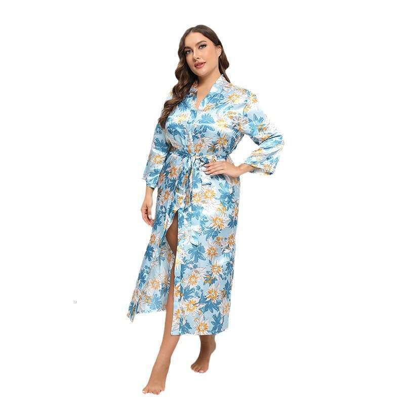Hot selling oversized colored Ding pamas for women imitation silk printed long sleeved home clothing cardigan can be worn externally