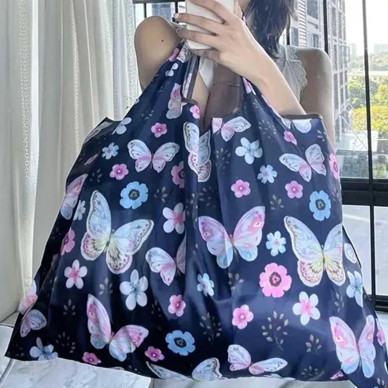 Folding Grocery Portable Butterfly Flower Printing Shopping Bag Eco-friendly Bag Reusable High-capacity Tote Bags 2024 NewXJ24