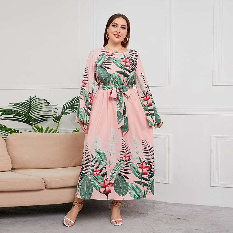 New Spring and Autumn Breeze Size Sleeved Flower Dress with Large Hem Printed Long Skirt 200kg Fat Mm Wearable Loose Novelty Sexy Oversize Dress