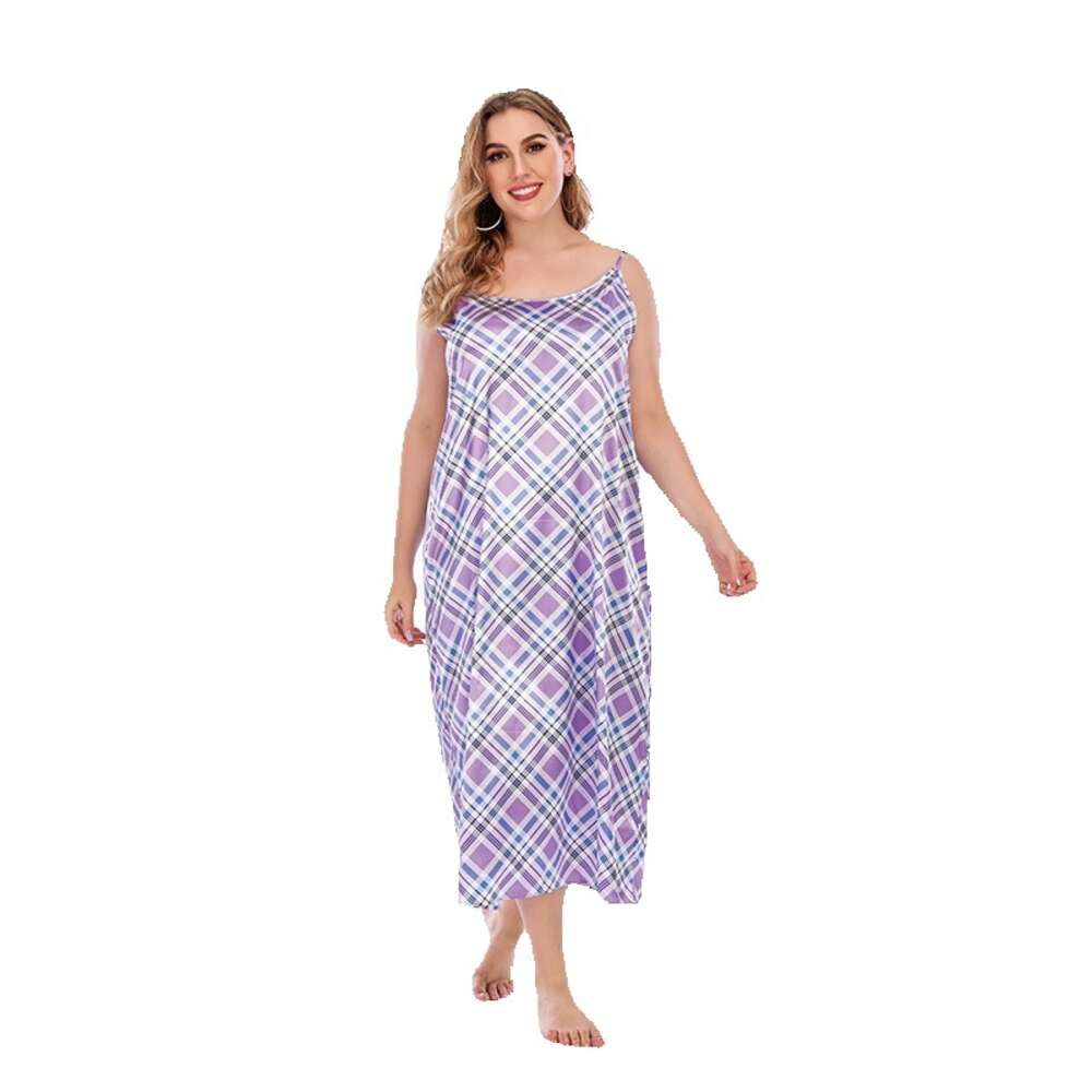 Large size home wear with imitation silk plaid sleeveless loose suspender dress weighing 200 pounds can be worn