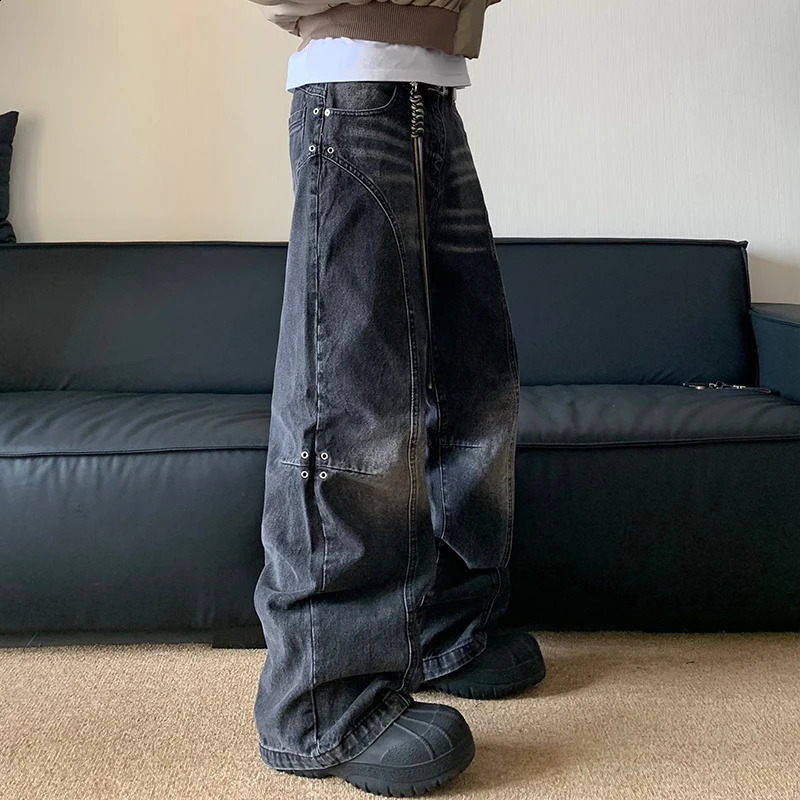FEWQ Wash Gradient Rivet Cleaning Jeans Mens Niche Wide Leg Straight Trend 2024 Retro Fashion Men Trouser 24E1084 240726