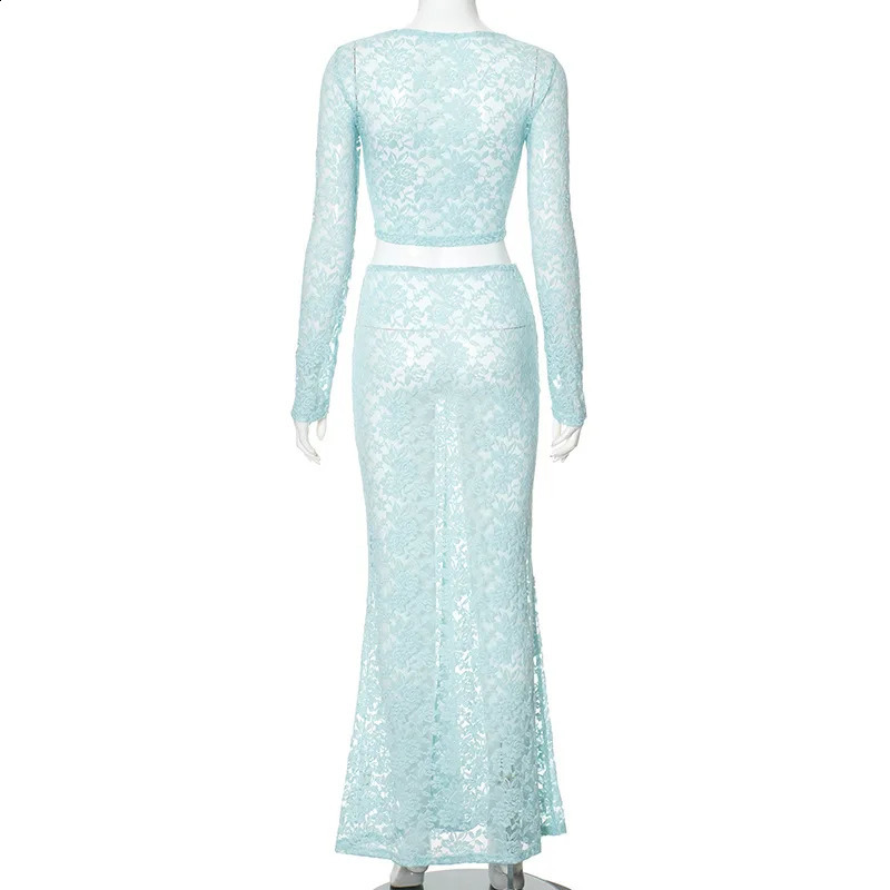 Sexy Blue Lace 2 Piece Club Outfits for Women 2024 See-Through Crop Top and Maxi Skirt Set