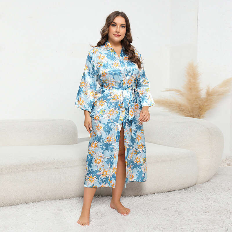 Hot selling oversized colored Ding pamas for women imitation silk printed long sleeved home clothing cardigan can be worn externally