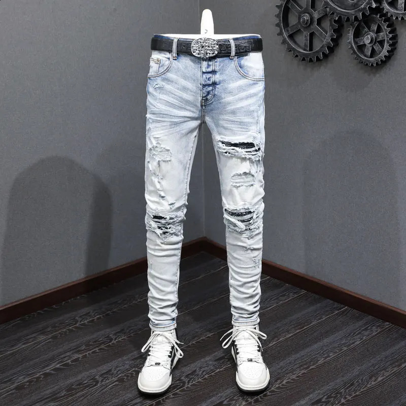 Home>Products>Fashionable Mens Jeans>Retro Light Blue Elastic Tight Jeans>Open top Jeans 240726