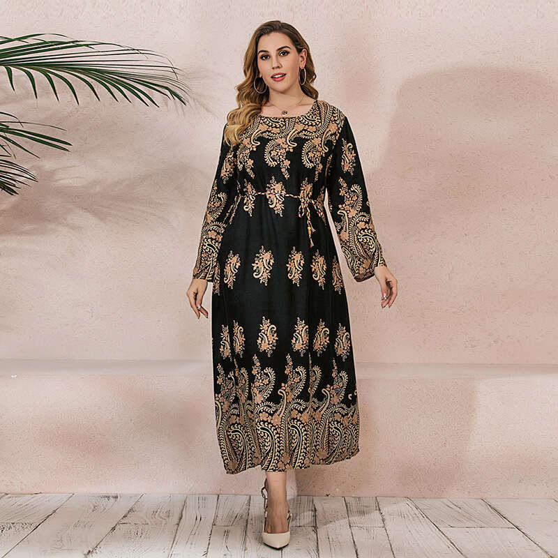 Large Size Womens New Printed Bohemian Dress Casual Sleeved Long Skirt Temperament Bifurcated Waist Self-cultivation Denim Dress