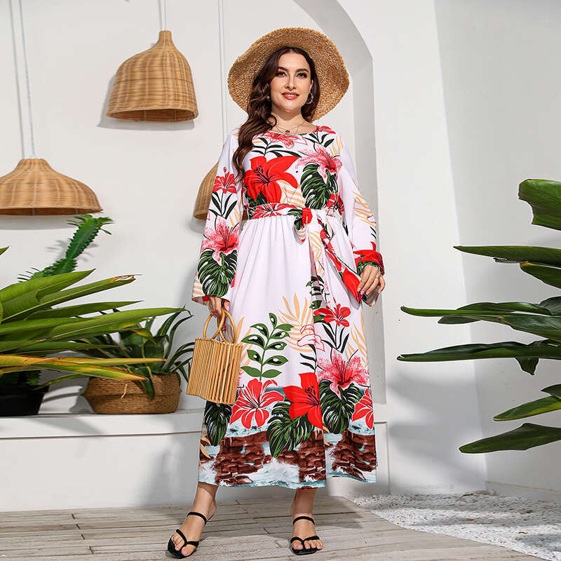 Hot Selling Large-sized Printed Sleeved Dress with High Waistband and Holiday Style Large Hem Long Skirt Sexy Short Self-cultivation SKINNY DRESS