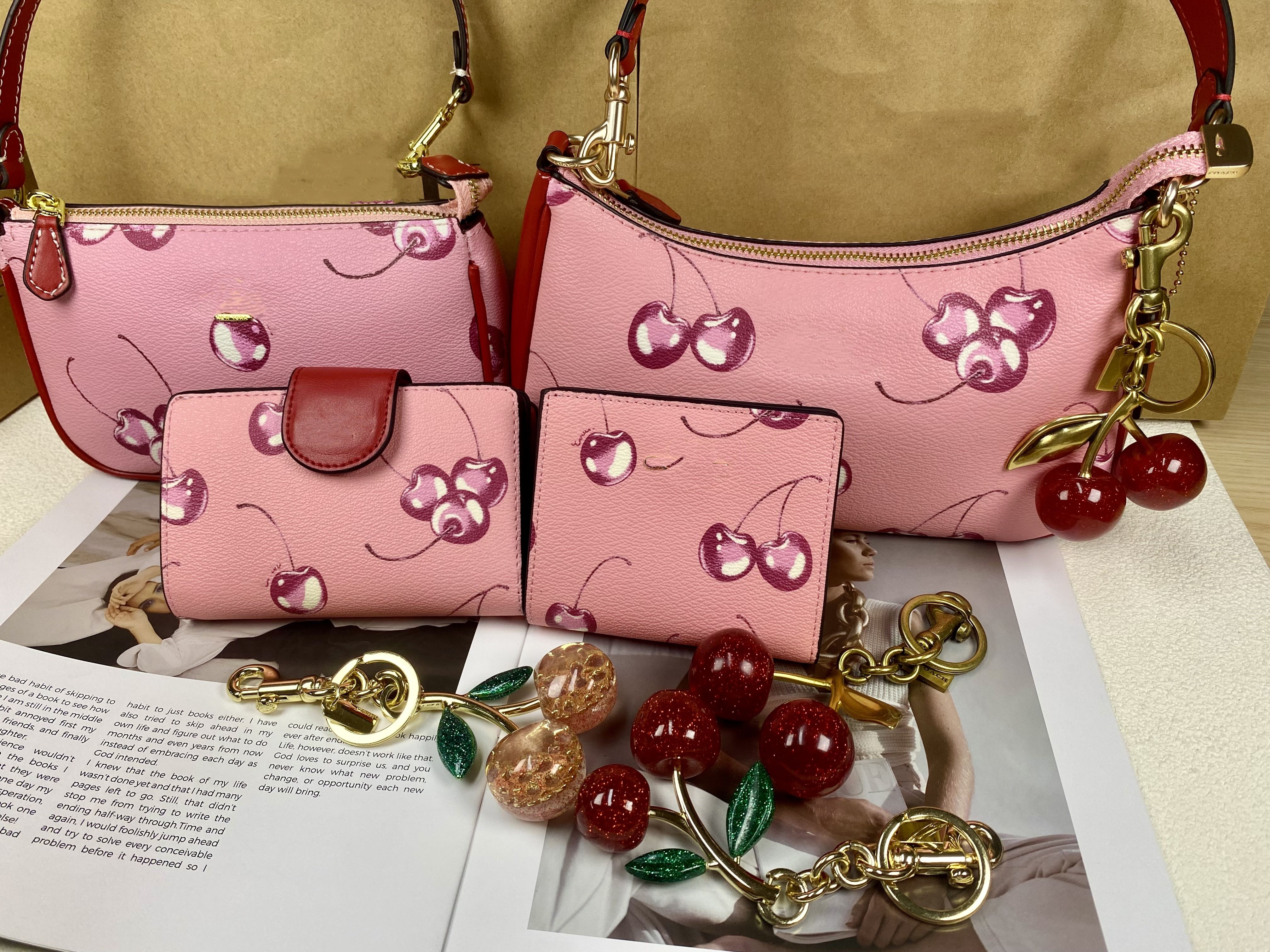 Cherry Printed Zip Closure Coated Canvas Handbag Medium Women's Shoulder Bag Wallet Cherry Keychain