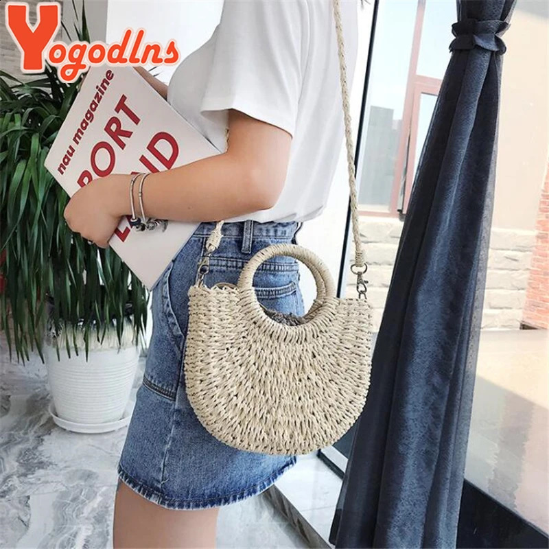Yogodlns Handmade Half Round Rattan Womens Straw Bag Summer Messenger Cross Body Girls Little Beach Handbag 240731Zl