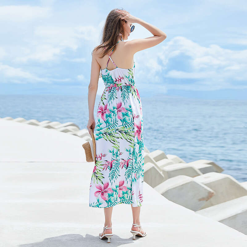 Hot Selling Brazil Fresh Backless High Waisted Long Skirt with Rural Style Print V-neck Suspender Jumpsuit Short Loose Bifurcated Silk Dress Round Nec