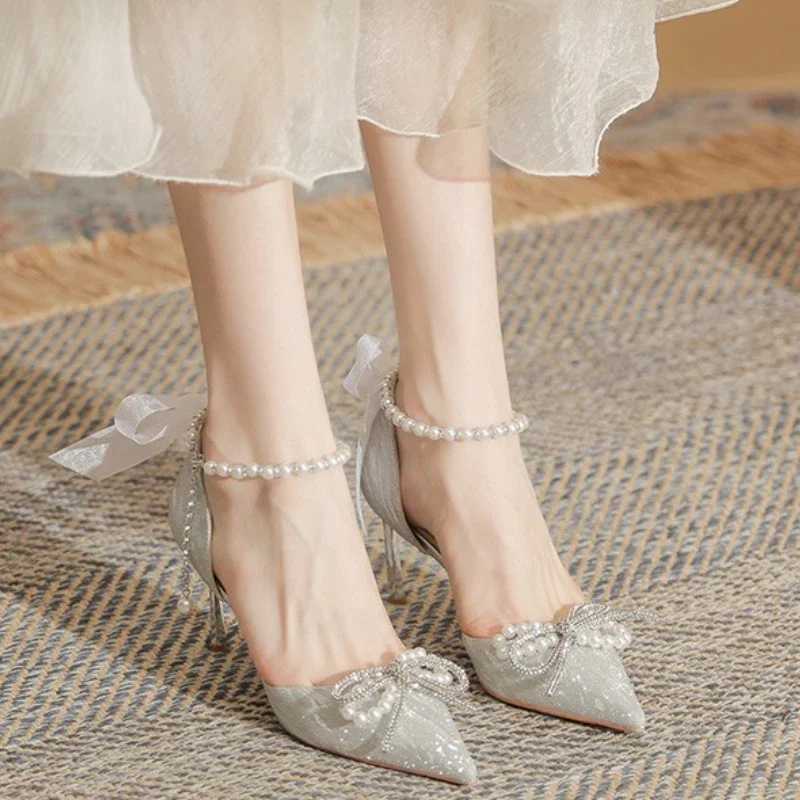 High Quality Womens High Heel Sandals Summer Fi Bow Pearl Womens Pointed Toe Pump Elegant Womens Party Sandals Womens Shoes T241024