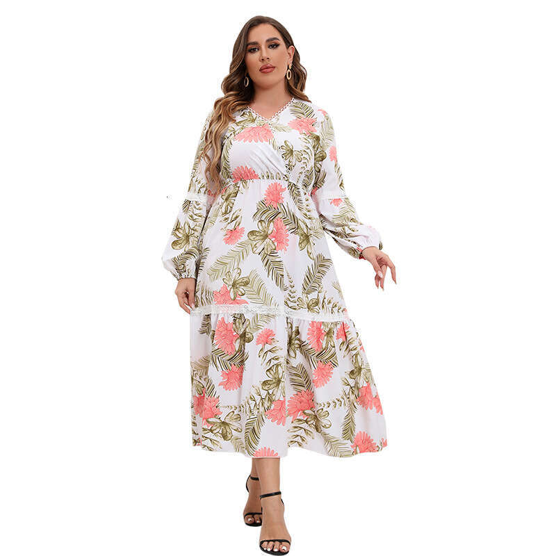 Hot Selling Spring and Autumn Patchwork V-neck Dress Womens Lace Print Chubby MM Large Long Skirt Waist Loose Short Bifurcated Sexy Silk Dress Denim D