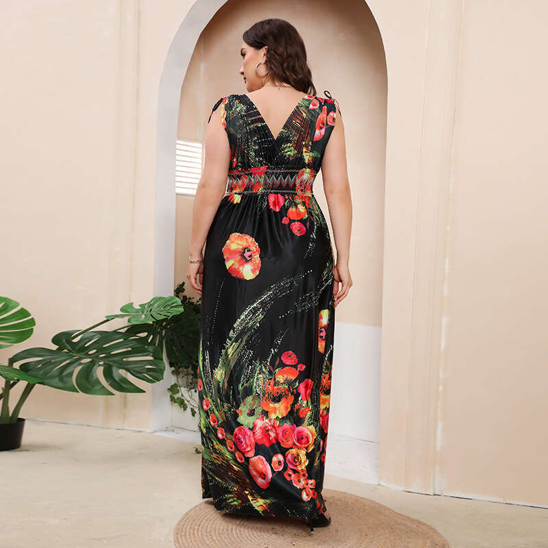 Hot Selling Chubby Mm Oversized Ice Silk Printed Bohemian Fat Plus Size V-neck Long Dress Sexy Dress Novelty Loose Waist Silk Dress Denim Dress
