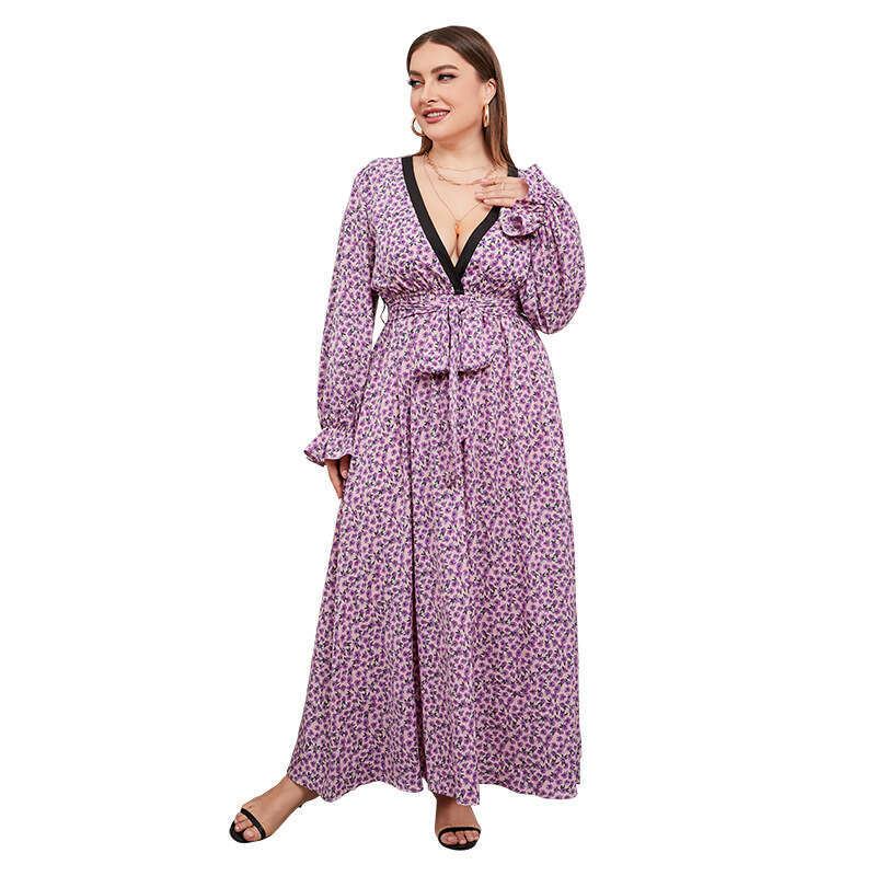 Large Size Chubby Mm Chiffon Dress with Floral Hem V-neck and Long Sleeves Weighing 200 Pounds Can Be Worn Fishtail Dress Loose Sexy Denim Dress