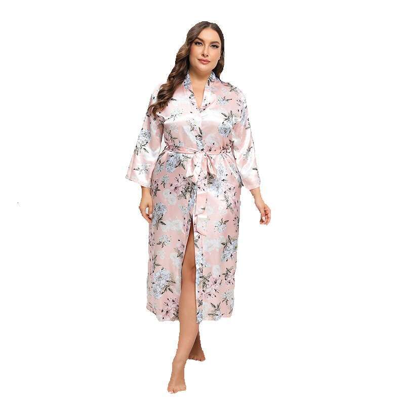 Large size imitation silk pamas for women loose fitting womens long sleeved satin bathrobe printed home clothing