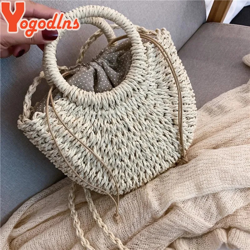 Yogodlns Handmade Half Round Rattan Womens Straw Bag Summer Messenger Cross Body Girls Little Beach Handbag 240731Zl