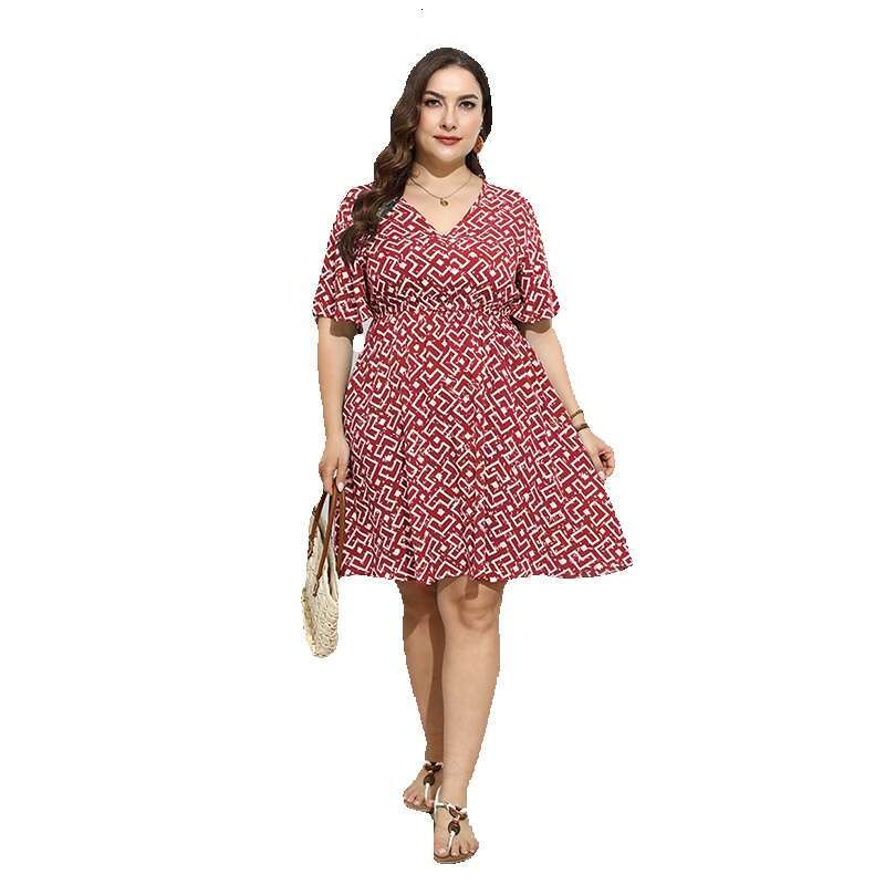 New Hot Selling Sexy V-neck Short Sleeved Dress in Plus Size with Elastic Waist for Slimming Effect Mid Length Skirt Sexy Dress Waist Sexy Lace Dress