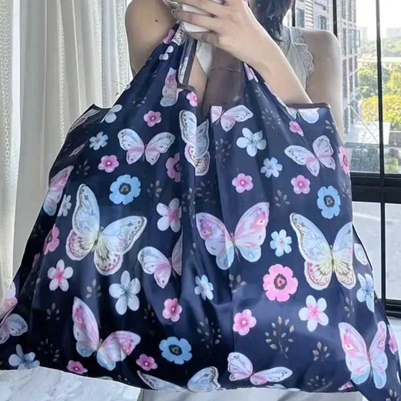 Folding Grocery Portable Butterfly Flower Printing Shopping Bag Eco-friendly Bag Reusable High-capacity Tote Bags 2024 NewXJ24