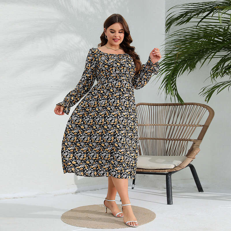 Spring New Oversized Sleeved with Floral Elastic Waist Elegant Long Dress and Lotus Leaf Sleeves Novelty Waist Self-cultivation Bifurcated BOHO DRESS