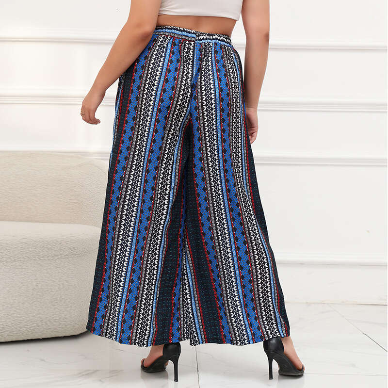 Hot Selling Oversized Wide Leg Bohemian Striped Blue Elastic Waist Pants Seaside Vacation Beach Pants Overalls Pants Trousers Cartoon Waterproof Trous