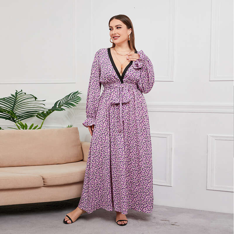 Large Size Chubby Mm Chiffon Dress with Floral Hem V-neck and Long Sleeves Weighing 200 Pounds Can Be Worn Fishtail Dress Loose Sexy Denim Dress