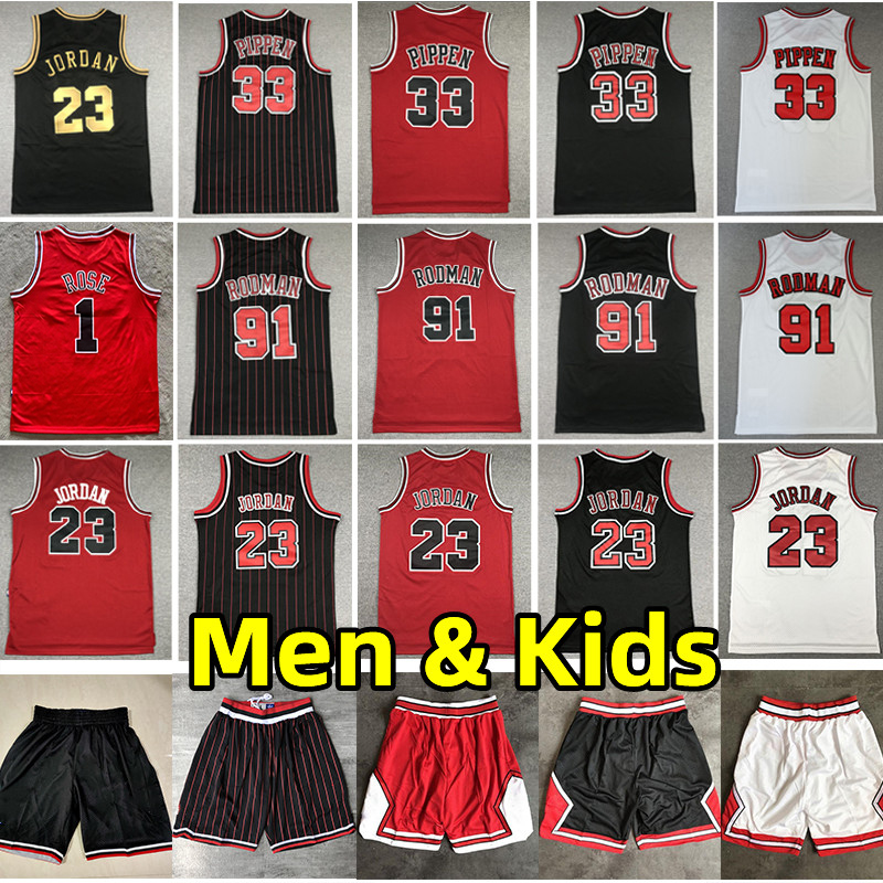 Mens Sports Shirts Embroidery Retro Basketball Jerseys 1# Derrick Rose Red Jersey #23 Michael 91# Dennis Rodman White Black 33# Scottie Pippen Classics Stitched Men Kids