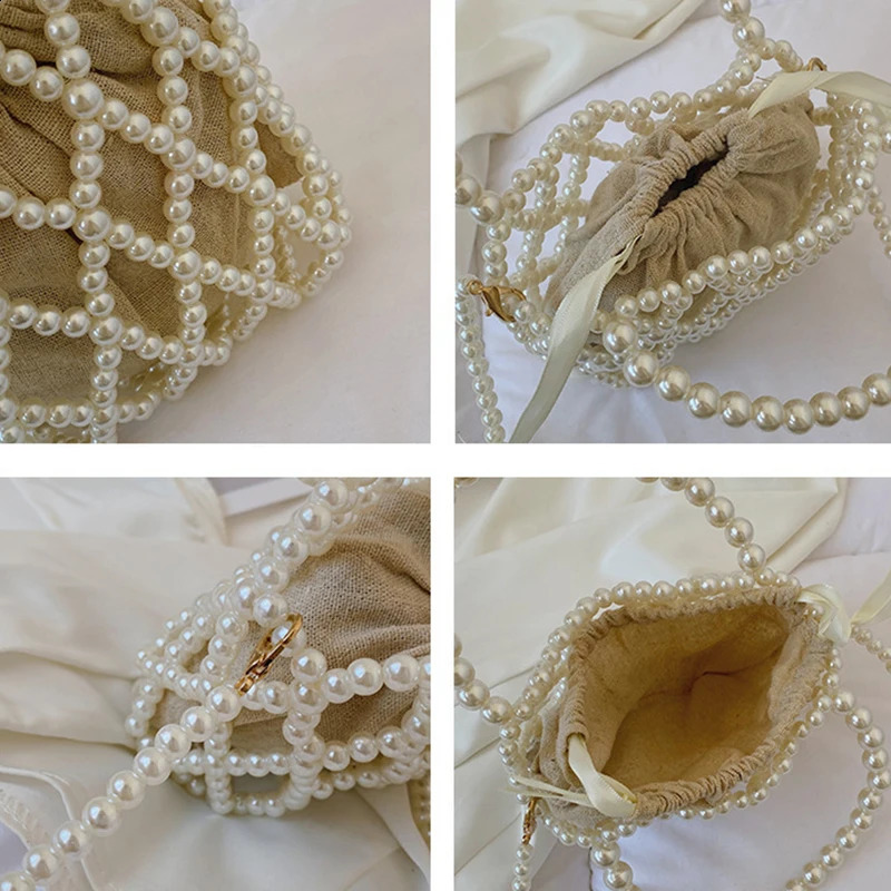 French retro handbag fairy fashion womens bead bucket bag cross body summer n hollow pearl 250401