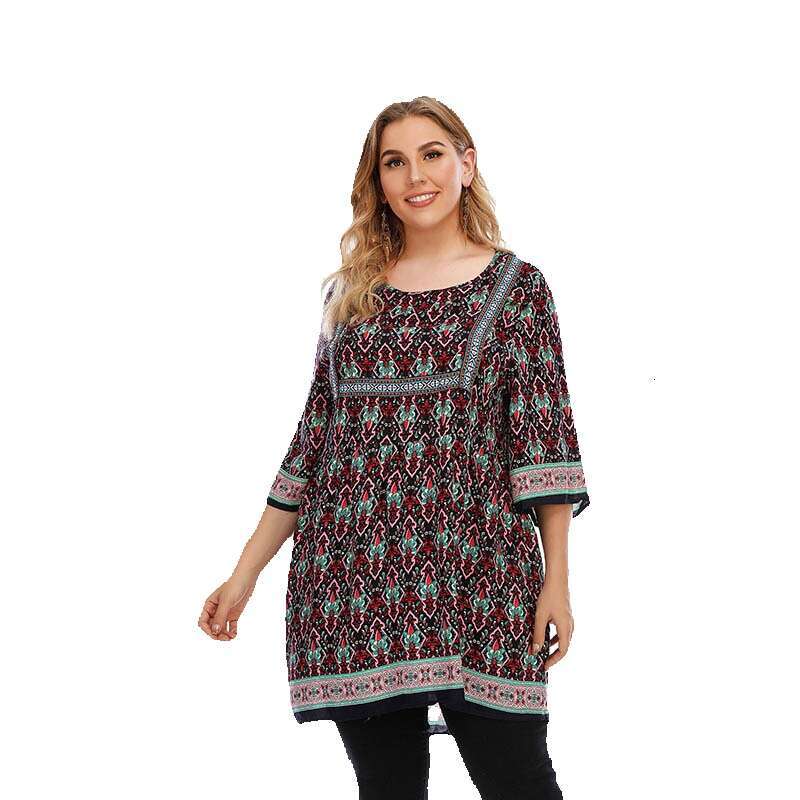 Ethnic Style Loose Oversized Top with Printed Long Pullover Round Neck Weighing 200 Pounds Can Be Worn Novelty Loose Sexy Oversize Dress Round Neck Dr