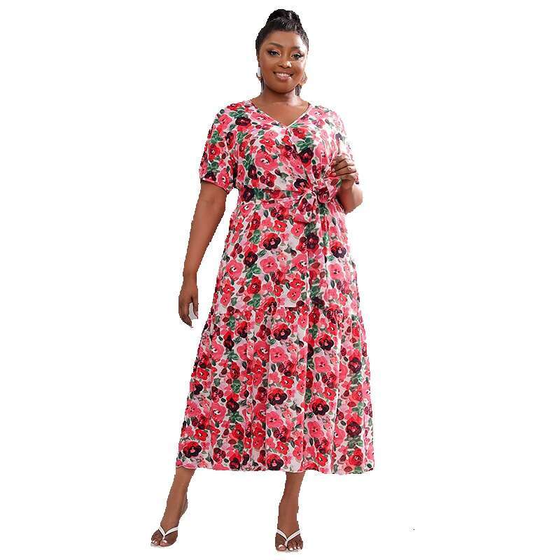 Hot Selling Oversized Loose Floral Dress for Women with V-neck Waist Up Slim and Long Skirt Seaside Vacation Beach Skirt Temperament Round Neck Dress