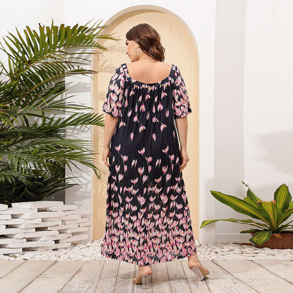Hot selling oversized womens loose fitting home dress short sleeved floral long dress