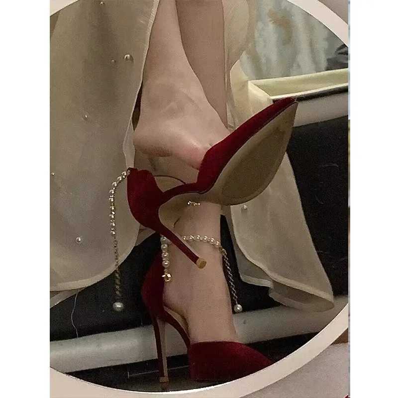 High Quality Pointed Toe Stiletto Womens Shoes Metal Buckle Shoulder Strap Sexy Womens Shoes Wedding Shoes Bridal Womens Shoes Red High Heels T241024